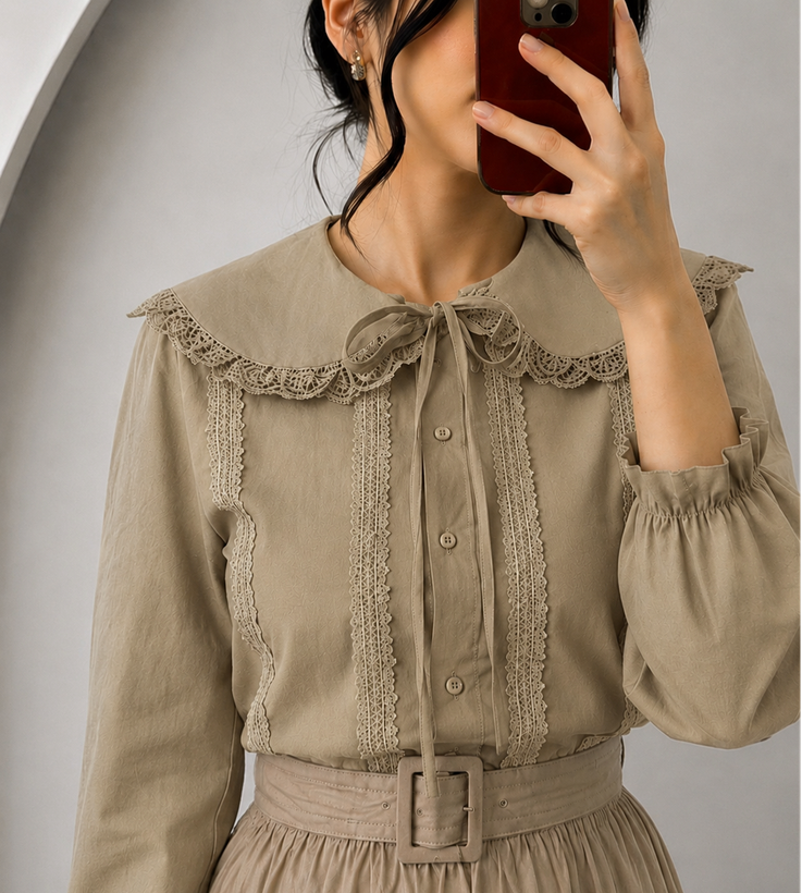 شومیز لینن یقه ب ب پینترستی وارداتی با نوار گیپور